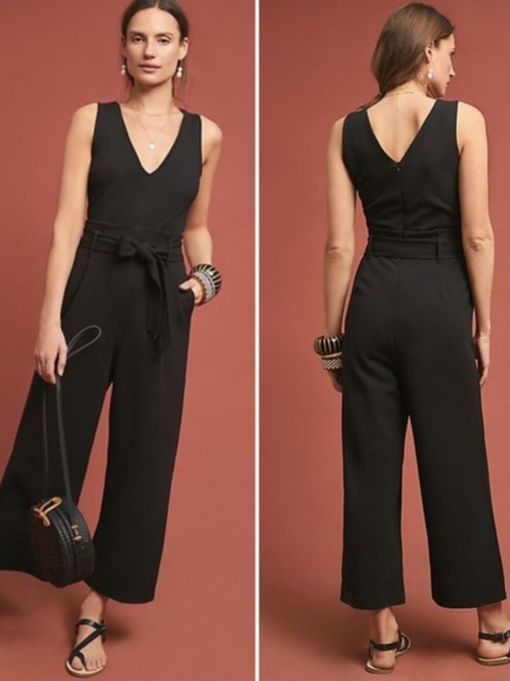 Anthropologie Women's Large Black Sleeveless V-Neck Tie Waist Jumper